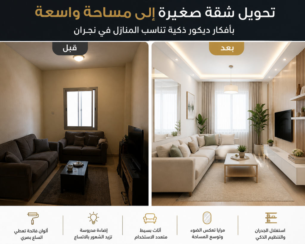 ديكور شقق صغيرة نجران
ديكور شقق صغيرة في نجران بألوان فاتحة

تصميم داخلي لشقة صغيرة في نجران

دهانات نجران تعطي اتساع بصري

استغلال المساحات الصغيرة بذكاء